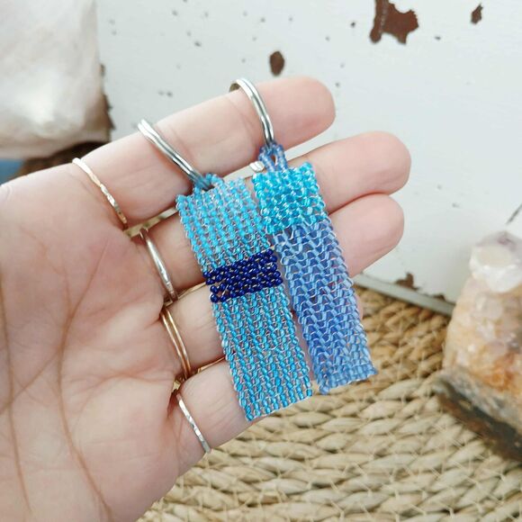 Blue Herringbone Beaded Key Chain 3" - Picture 3 of 4